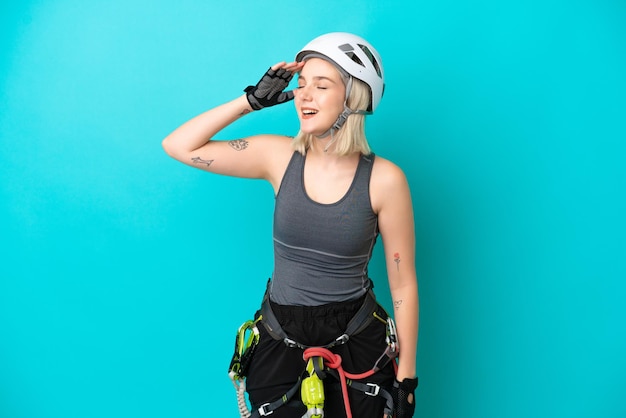 Young caucasian rock-climber woman isolated on white background has realized something and intending the solution