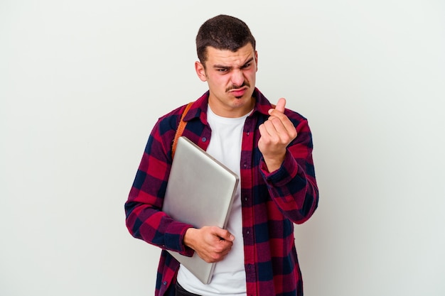 Young caucasian student man holding a laptop isolated on white background showing that she has no money.