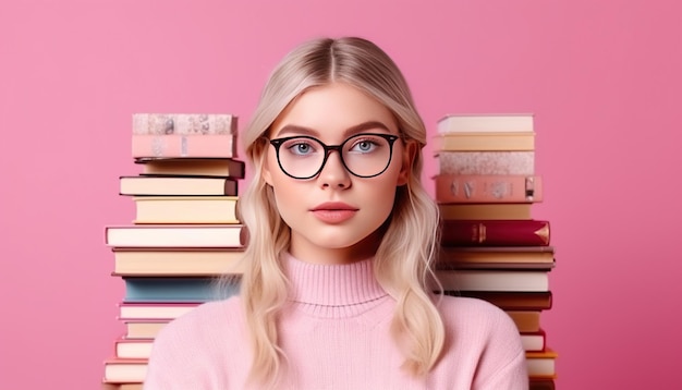 Young caucasian student woman isolated on pink background