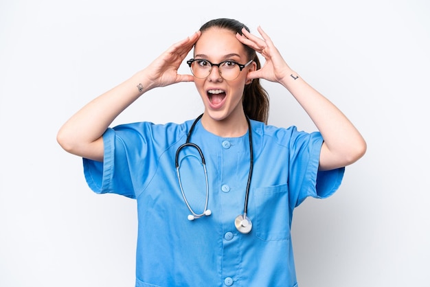 young caucasian surgeon doctor woman isolated on white background with surprise expression