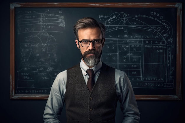 Young caucasian teacher portrait with blackboard background