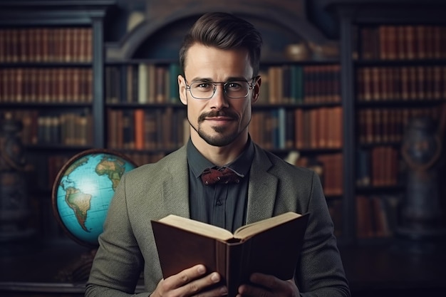 Young caucasian teacher portrait with blackboard background