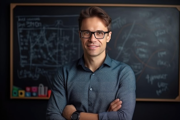 young caucasian teacher portrait with blackboard background