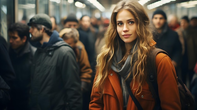 地下鉄駅のプラットフォームで地下鉄の列車を待っている若い白人の女性バックパッカー