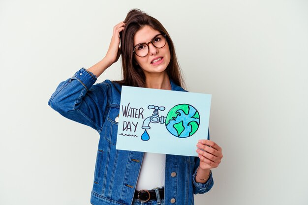 Young caucasian woman celebrating world water day isolated on pink with fingers on lips keeping a secret.