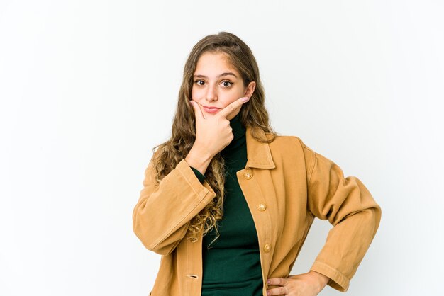 Young caucasian woman contemplating, planning a strategy, thinking about the way of a business.