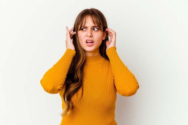 Young caucasian woman expressing emotions isolated