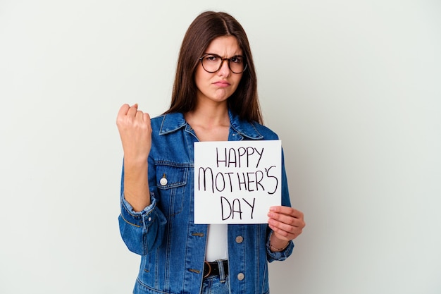 Young caucasian woman holding a made with love placard isolated on white wall showing a mobile phone call gesture with fingers.