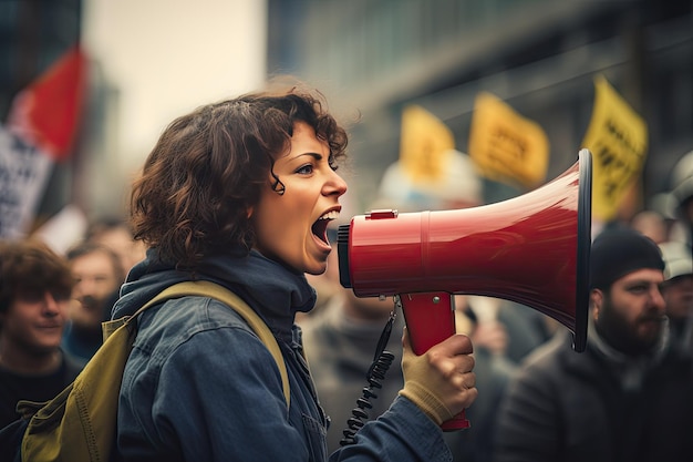 Молодая белая женщина скандирует свои требования через мегафон во время демонстрации Крупный портрет радикальной молодой женщины На заднем плане толпа демонстрантов с плакатами
