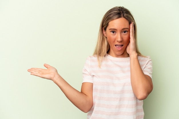 Young caucasian woman isolated on green background impressed holding copy space on palm.