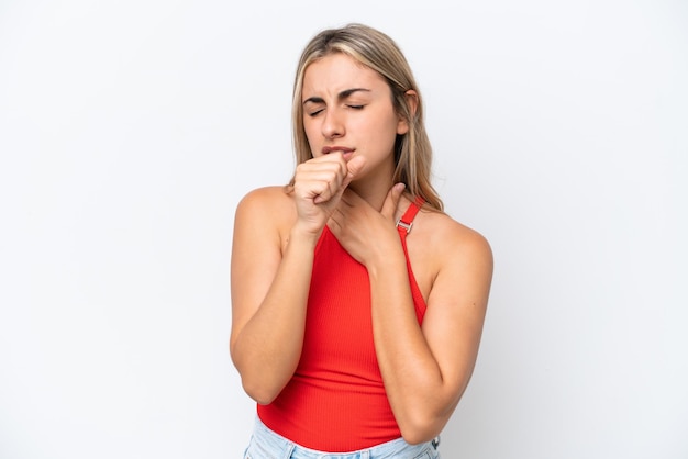 Young caucasian woman isolated on white background coughing a lot