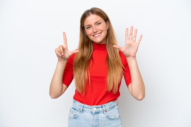 Young caucasian woman isolated on white background counting seven with fingers