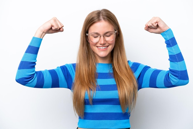 Young caucasian woman isolated on white background doing strong gesture