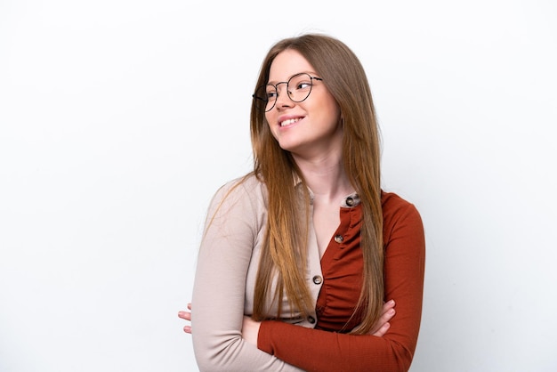 Young caucasian woman isolated on white background happy and smiling