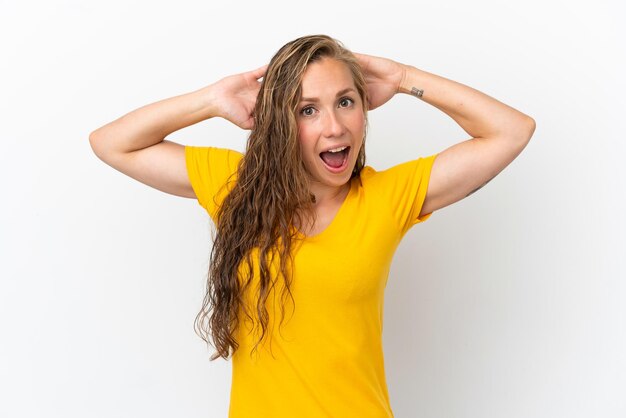 Young caucasian woman isolated on white background laughing