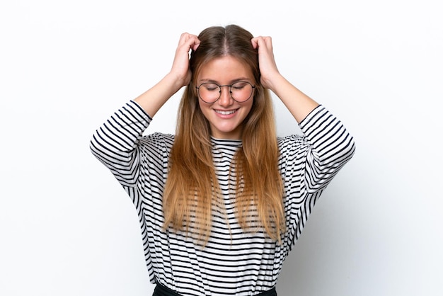 Young caucasian woman isolated on white background laughing