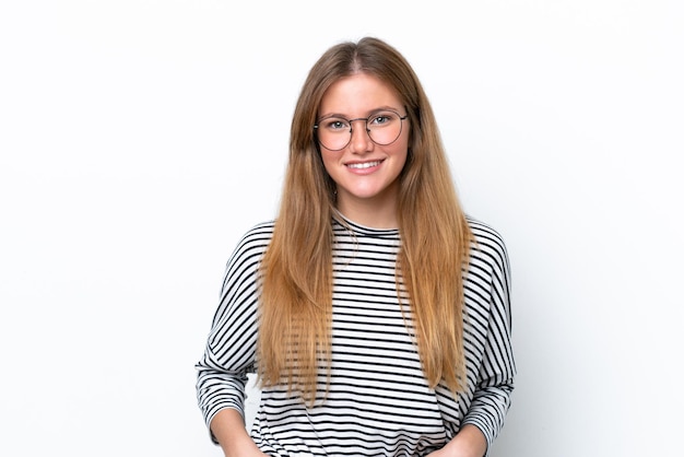 Young caucasian woman isolated on white background laughing