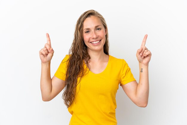 Young caucasian woman isolated on white background pointing up a great idea