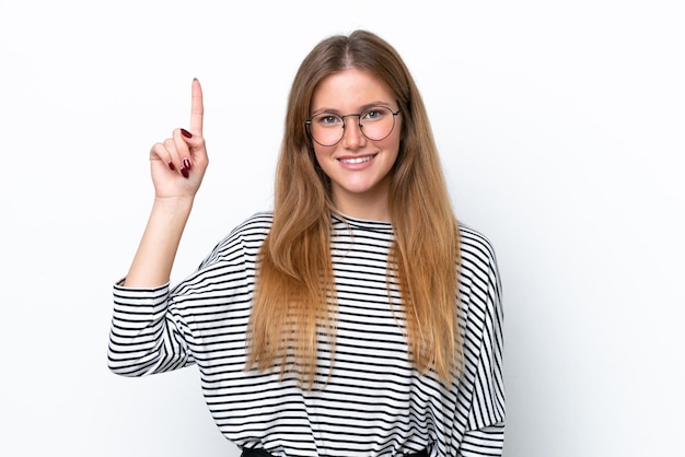 Young caucasian woman isolated on white background pointing up a great idea