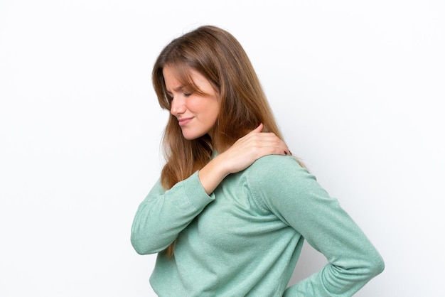 Photo young caucasian woman isolated on white background suffering from pain in shoulder for having made an effort