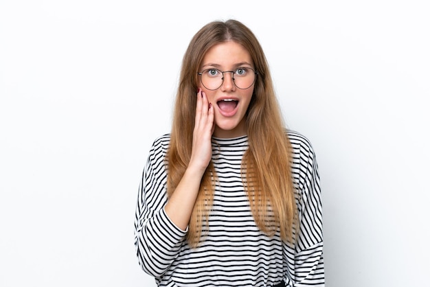 Young caucasian woman isolated on white background with surprise and shocked facial expression