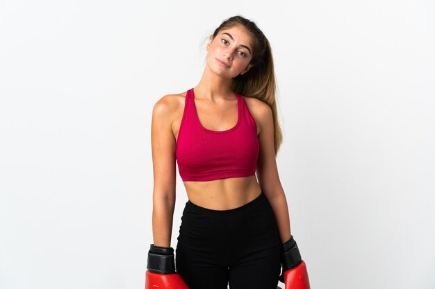 Young caucasian woman isolated on white with boxing gloves