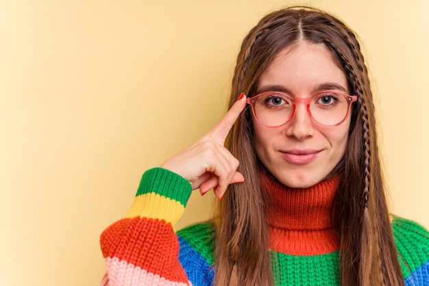 Young caucasian woman isolated on yellow background