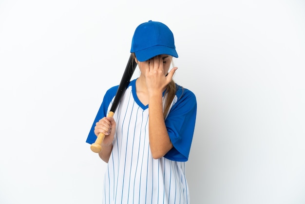 Young caucasian woman playing baseball isolated on white background with tired and sick expression