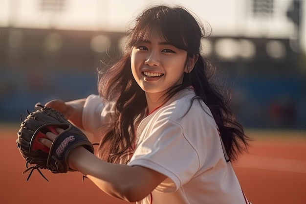 Young caucasian woman playing baseball with cap glove and ball