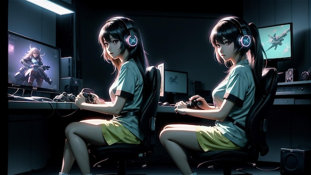 写真 オンラインビデオゲームでプレイする若い白人女性プロゲーマーストリーマーネオンカラーソフトフォーカス