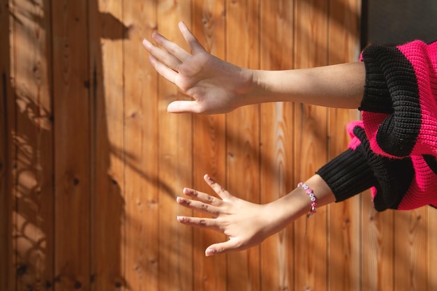 Young caucasian woman showing empty hand