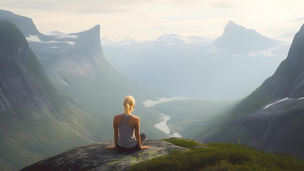Young caucasian woman sitting on cliff in front of valley between high mountains at misty summer
