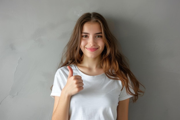 Young Caucasian woman in white shirt giving thumbs up approval