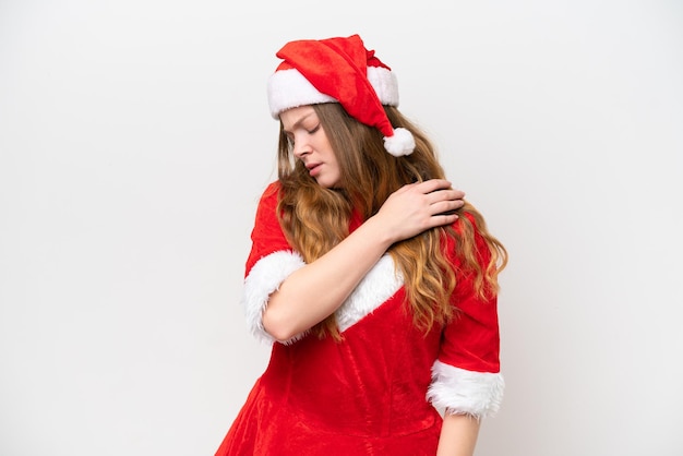 Young caucasian woman with Christmas dress isolated on white background suffering from pain in shoulder for having made an effort