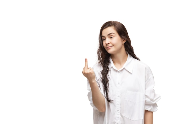 Young caucasian woman with funny, unusual popular emotions and gestures isolated on white