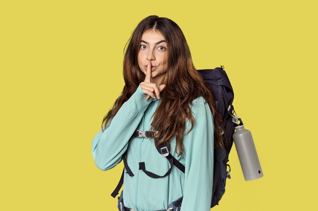 Photo young caucasian woman with mountain backpack keeping a secret or asking for silence