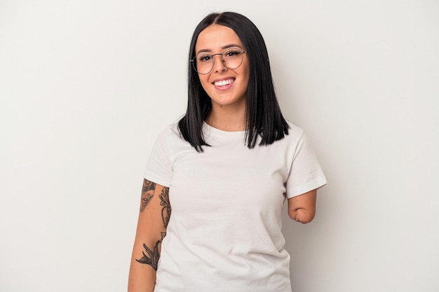 Young caucasian woman with one arm isolated on white background happy, smiling and cheerful.