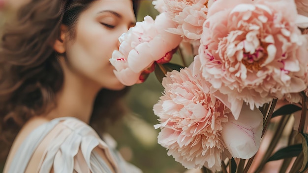 ピオニー花束をかぶった若い白人女性