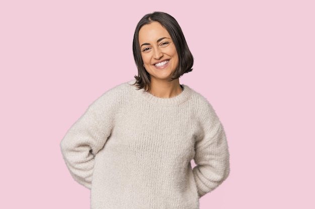 Young Caucasian woman with short hair happy smiling and cheerful