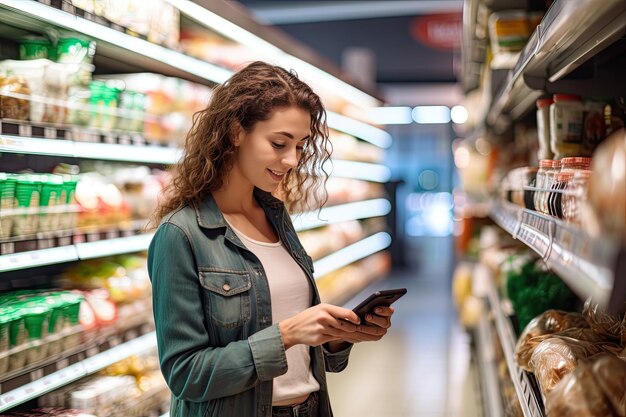 スマートフォンを持った白人の若い女性が食料品店で 必要な買い物のリストをチェックしています