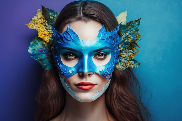 Young causasian woman wearing a colorful carnival mask isolated on blue background generative ai