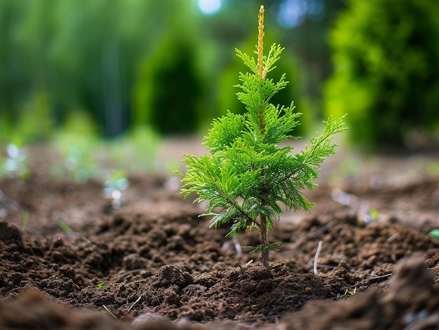 Young Cedar Sapling in Forest Soil