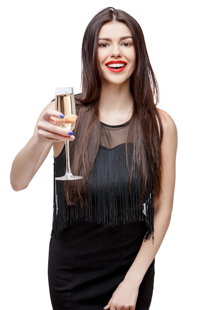 Young celebrating woman black dress