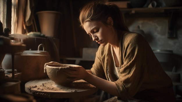 A young ceramist woman works behind a potter's wheel