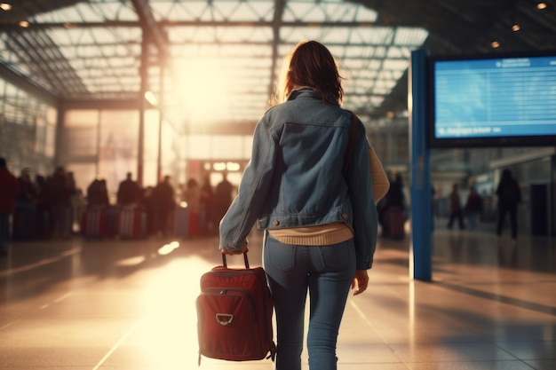 Foto giovane affascinante donna caucasica con zaino in piedi presso l'edificio di un moderno aeroporto internazionale o nazionale romantica ragazza viaggiatrice inizia il suo viaggio in una bella mattina soleggiata turista femminile