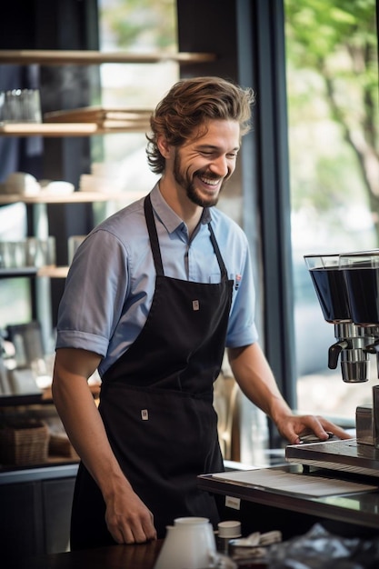 young cheerful barista wearing black apron while preparing coffee at an automatic machine in a