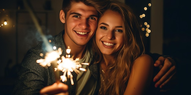 Young cheerful couple having fun with sparklers on New Year's Eve