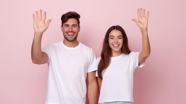 Young cheerful couple two friends man woman giving high five hold hands folded isolated