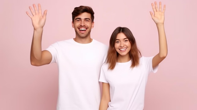 Young cheerful couple two friends man woman giving high five hold hands folded isolated