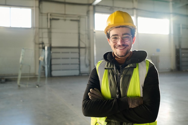 Young cheerful engineer in safety helmet protective vest and eyeglasses